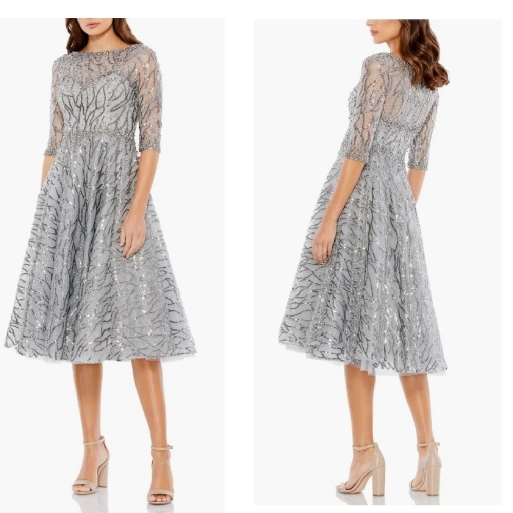 NWT Mac Duggal Silver High Neck Above Elbow Sleeve Embellished A Line Dress SZ 4